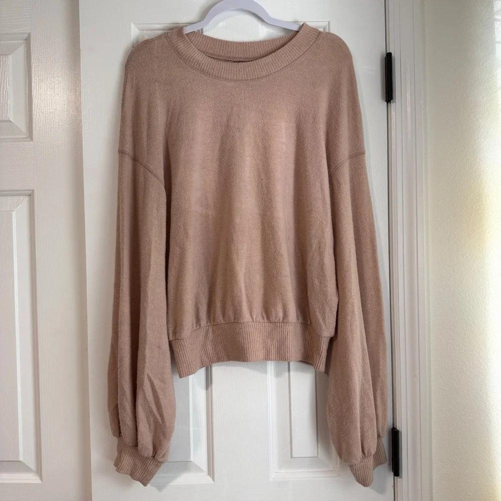 Free People Beach TGIF Sweater Long Balloon Sleeve Stretch Tan Blush Pink Small